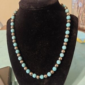 Turquoise & Pewter Color 18" Beaded Necklace